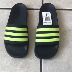 Adidas navy blue and neon yellow slides